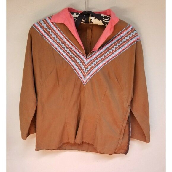 Festival Fashions Womens Collared Top Long Sleeves Side Zipper V-Neck Lace Brown - Picture 1 of 6